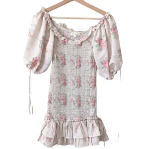 For Love Bell Womens Mini Dress Puff Sleeve Floral Smocked Size Small Ruffle EUC